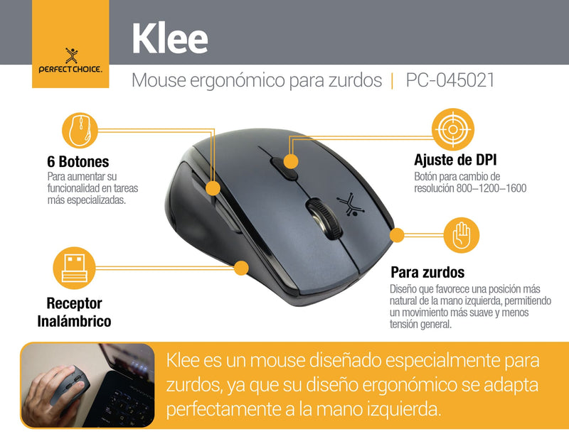 Mouse Inalámbrico para Surdos Plug & Play 1600 DPI Klee Lefty | PERFECT CHOICE