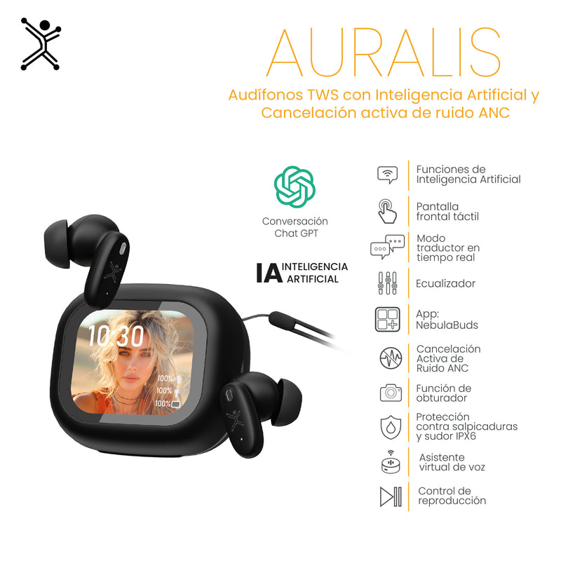 Audífonos Inalámbricos TWS con Inteligencia Artificial, ANC y Pantalla Táctil Auralis | PERFECT CHOICE