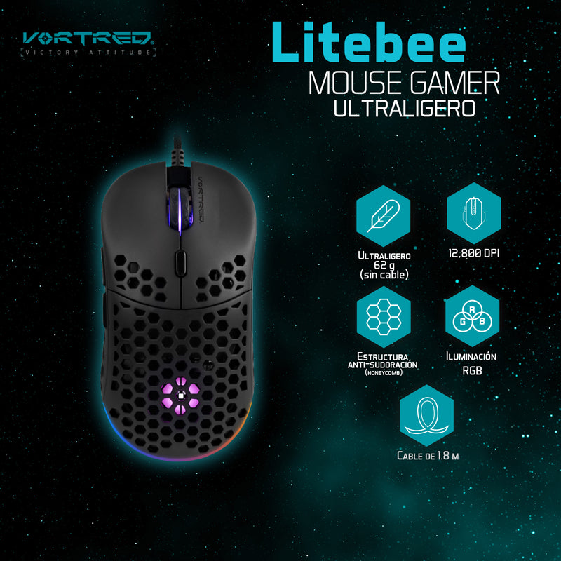 Mouse Gamer Ultraligero  Anti-sudoración 12800 DPI Litebee | VORTRED