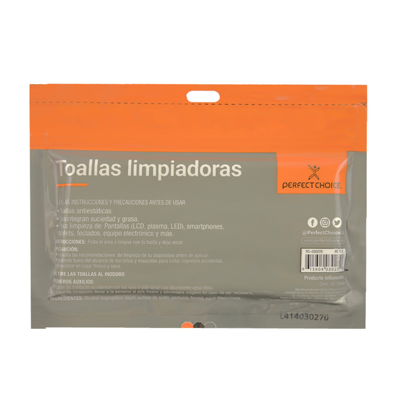 Toallas Limpiadoras Para Pantallas de TV y Monitores Pack de 20 | PERFECT CHOICE