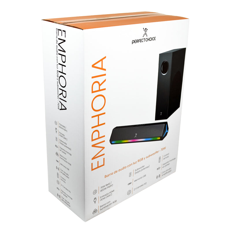 Barra de Audio con luz RGB y Subwoofer 70W Emphoria | PERFECT CHOICE