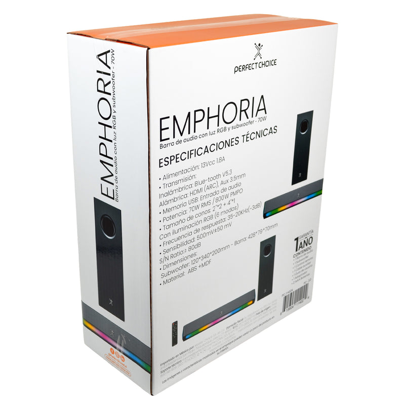 Barra de Audio con luz RGB y Subwoofer 70W Emphoria | PERFECT CHOICE