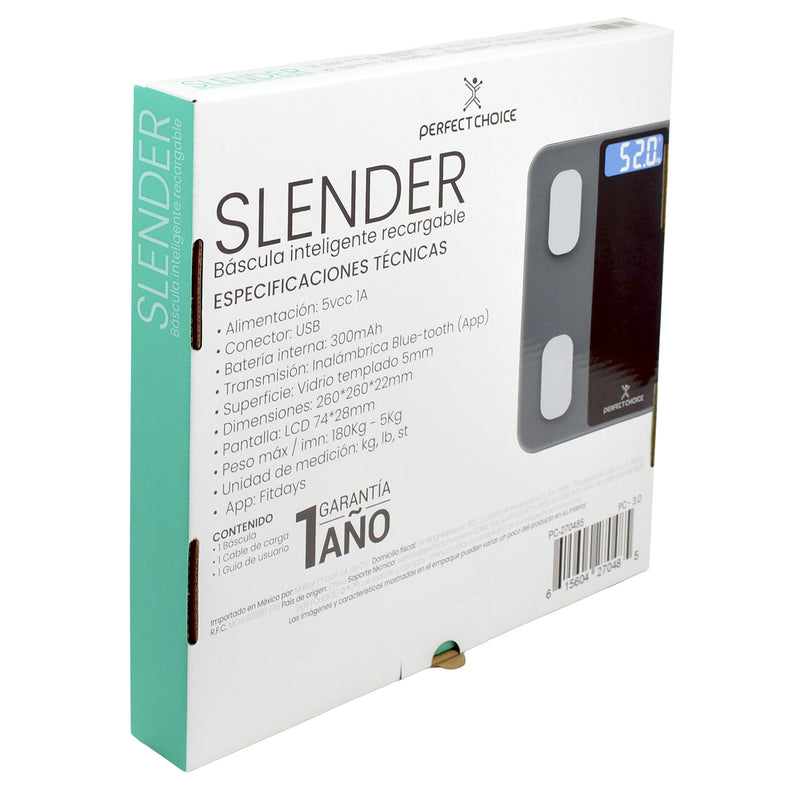 Báscula Digital Bluetooth Inteligente Recargable Slender Fit | PERFECT CHOICE