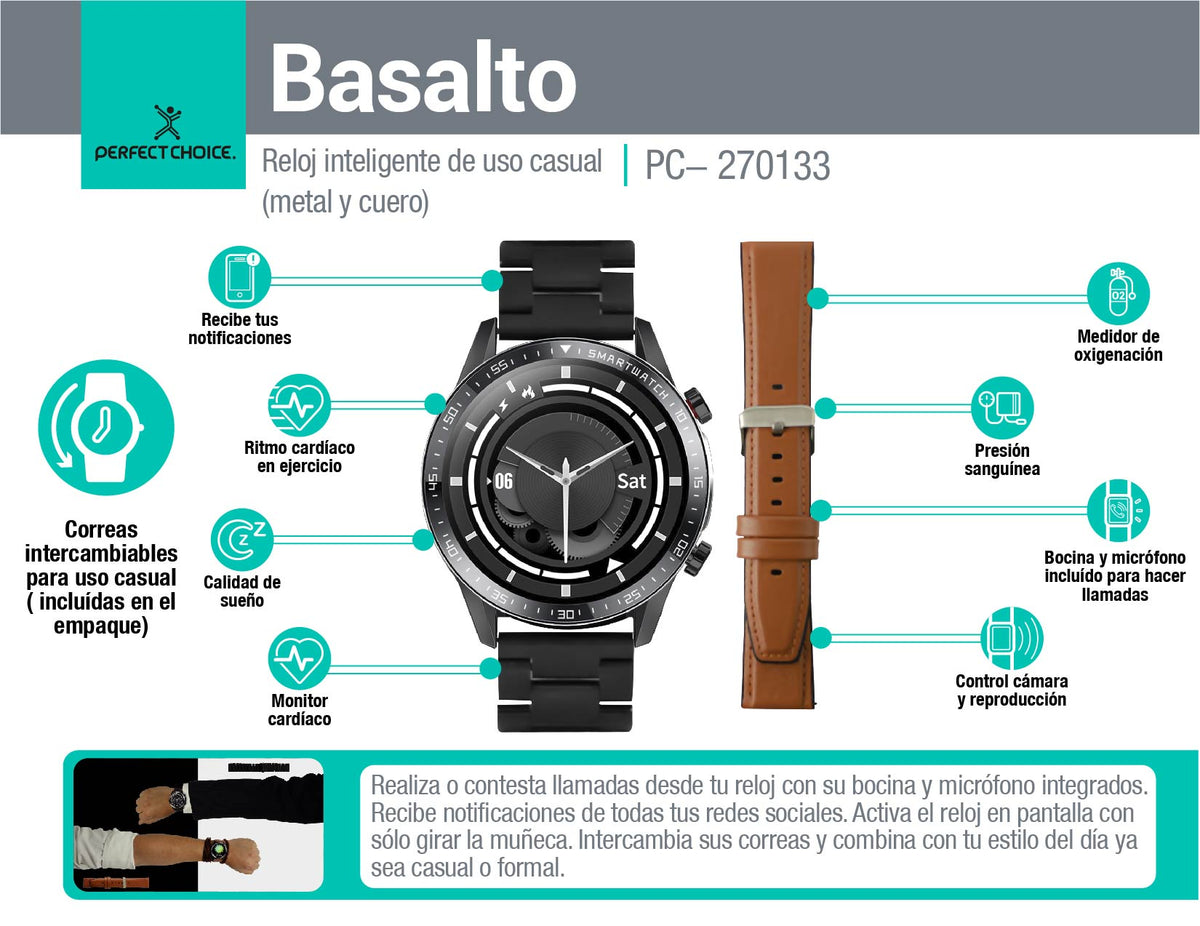 Smartwatch Bluetooth Activa el reloj Girando la Muñeca Basalto PERFE